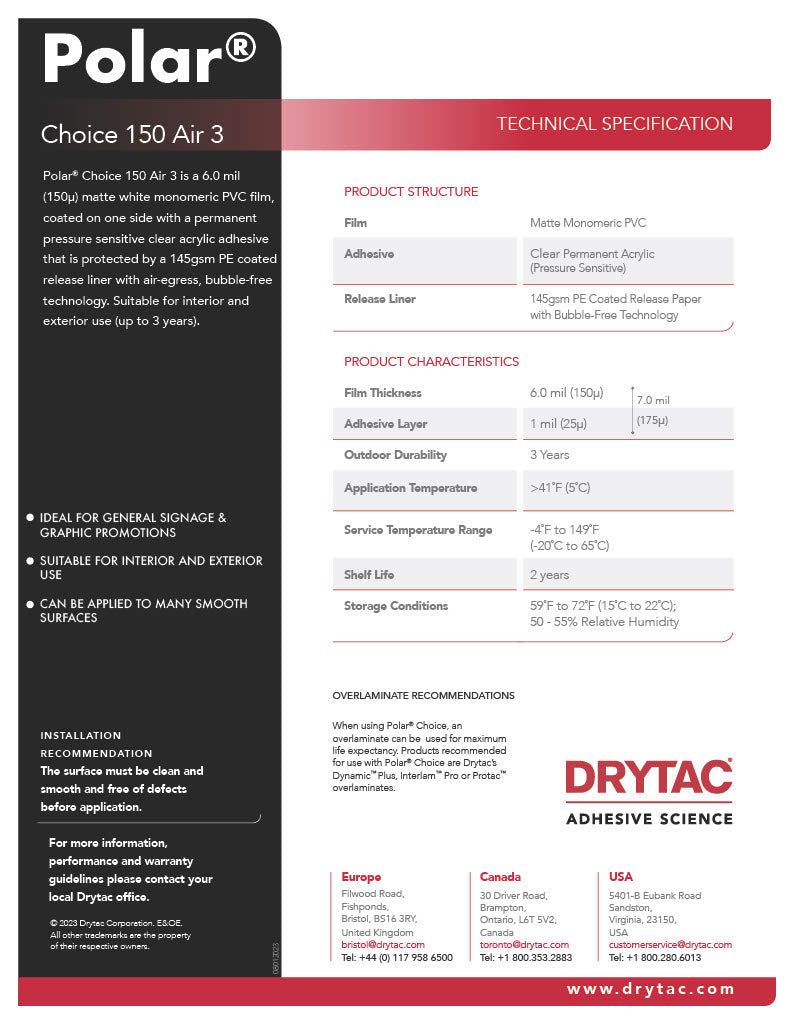 Drytac 6 mil Polar Choice Sticker Vinyl for Roland BN-20, BN-20A, BN2-20A (Free Same-Day Shipping!) DRYTAC