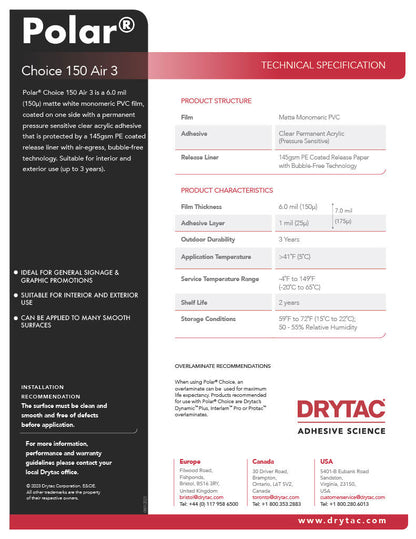 Drytac 6 mil Polar Choice Sticker Vinyl for Roland BN-20, BN-20A, BN2-20A (Free Same-Day Shipping!) DRYTAC