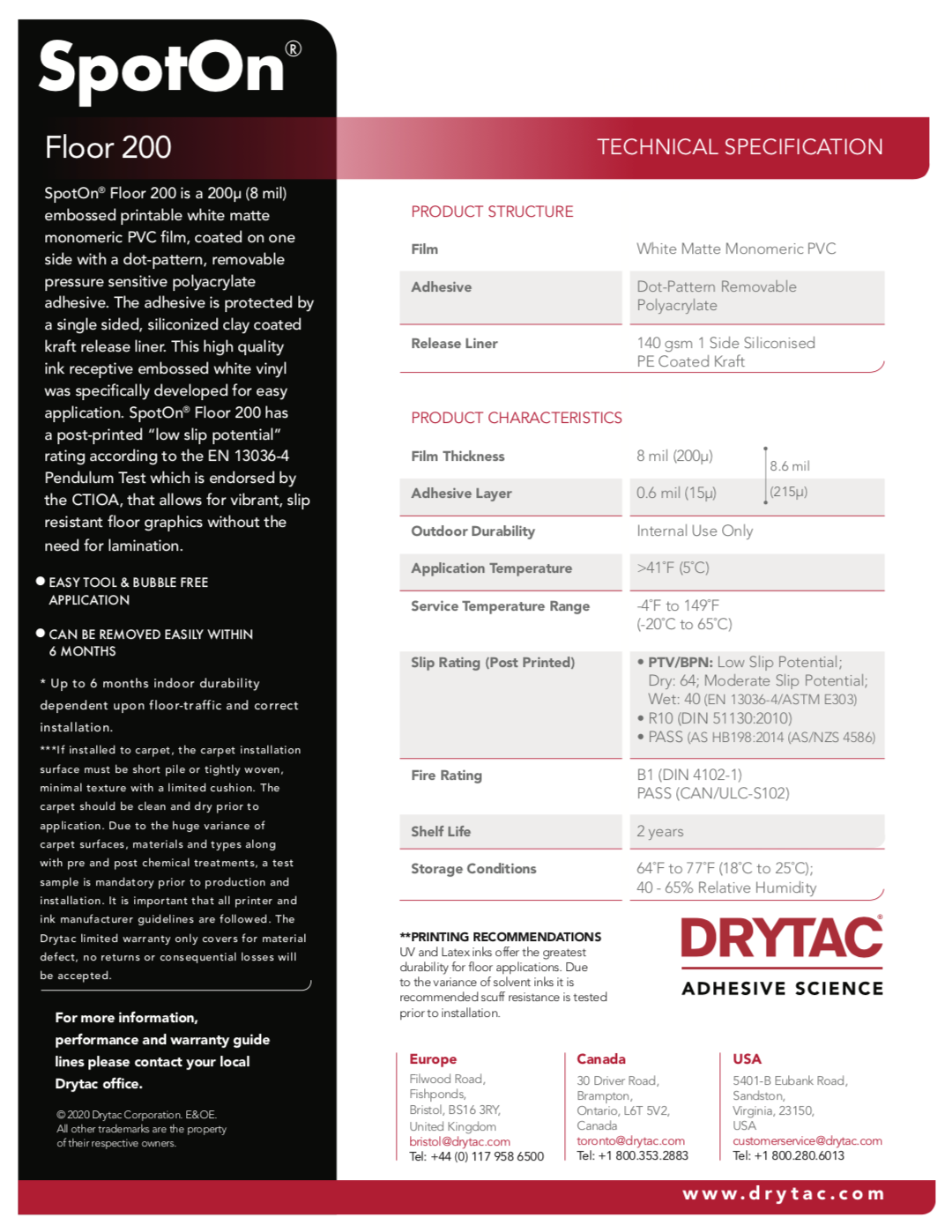 Drytac SpotOn Floor 200, Matte for Floor, 8mil DRYTAC