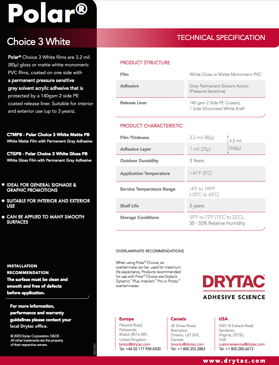 Drytac Polar Choice 3 Standard Vinyl, 3.2mil, 3 Years DRYTAC