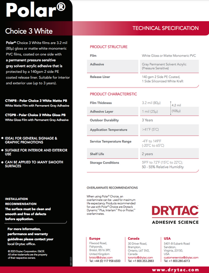 Drytac Polar Choice 3 Standard Vinyl, 3.2mil, 3 Years DRYTAC