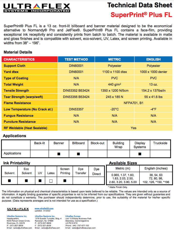 Ultraflex SuperPrint® Plus FL 13oz, Gloss/Matte ULTRAFLEX