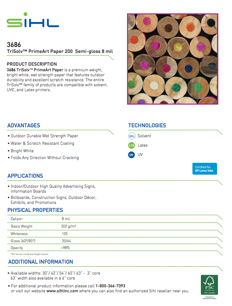 Sihl 3686 TriSolv™ PrimeArt Poster Paper, Semi-Gloss, 8mil SIHL