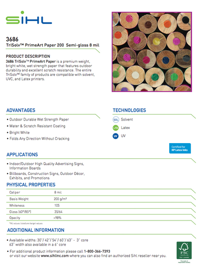 Sihl 3686 TriSolv™ PrimeArt Poster Paper, Semi-Gloss, 8mil SIHL
