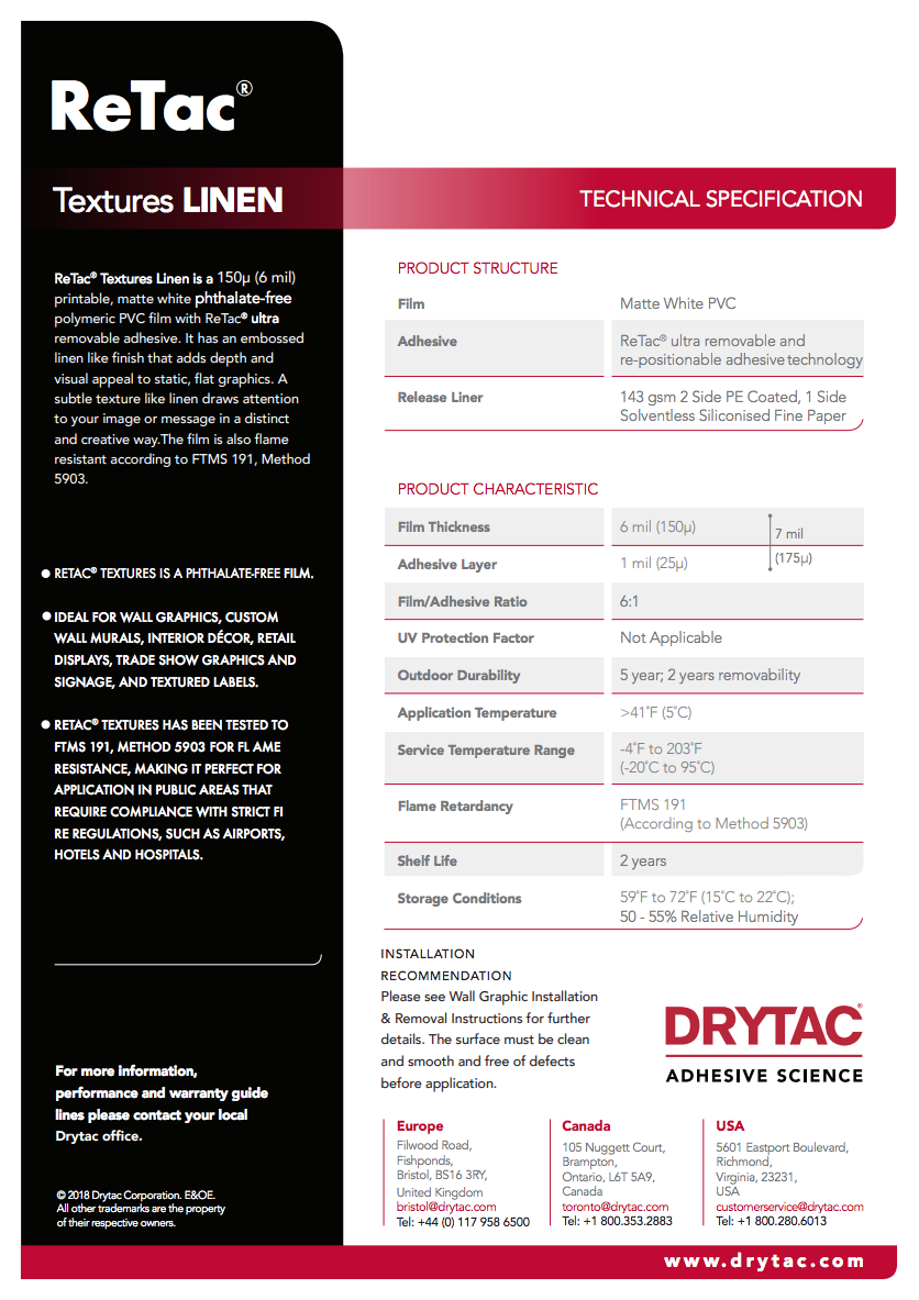 Drytac Retac Texture Vinyl for Wall, 6mil DRYTAC