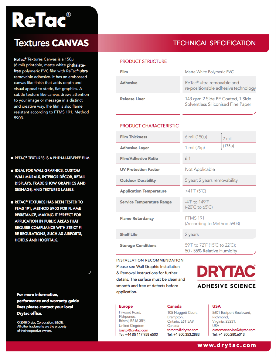 Drytac Retac Texture Vinyl for Wall, 6mil DRYTAC