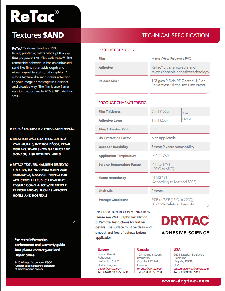 Drytac Retac Texture Vinyl for Wall, 6mil DRYTAC