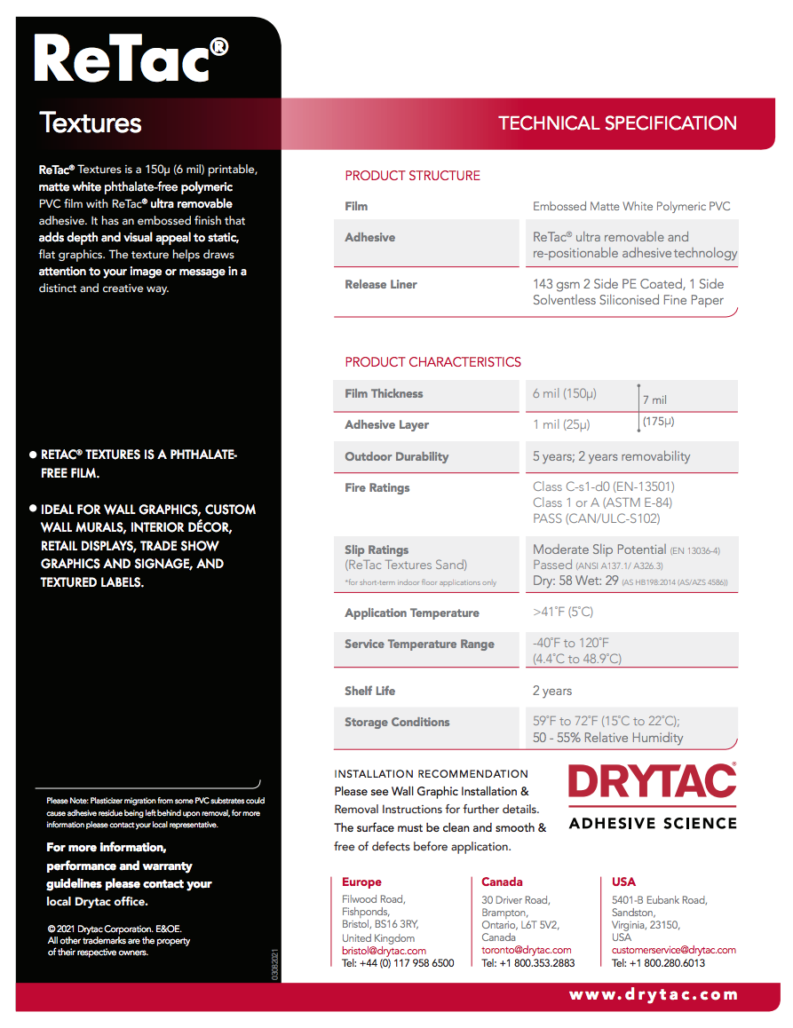 Drytac Retac Texture Vinyl for Wall, 6mil DRYTAC