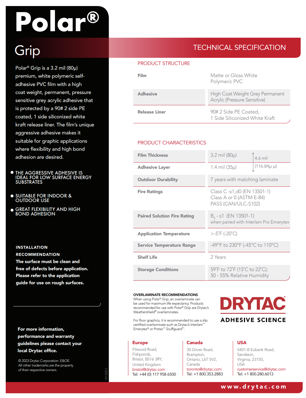 Drytac Polar Grip Premium Vinyl for Low Energy Surface, Concret Wall, 3.2mil, 7 years DRYTAC