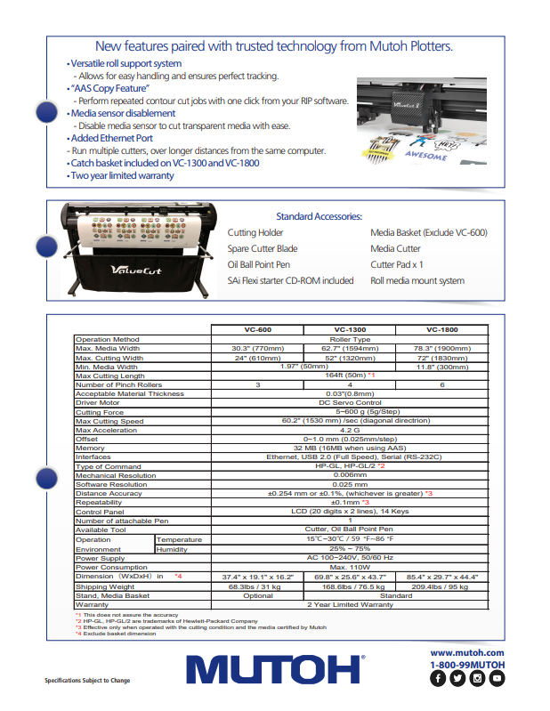 Mutoh ValueCut2 VC-600, VC-1300, VC-1800 Cutting Plotters MUTOH